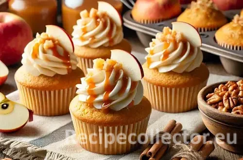 A cozy kitchen table with golden Apple Pie Cupcakes topped with frosting and caramel drizzle, surrounded by apples, pecans, and cinnamon sticks on a rustic wooden surface.
