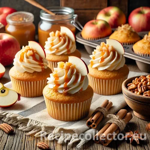 A cozy kitchen table with golden Apple Pie Cupcakes topped with frosting and caramel drizzle, surrounded by apples, pecans, and cinnamon sticks on a rustic wooden surface.