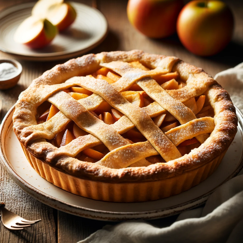 A beautifully plated Apple Pie served on a rustic wooden table. The pie has a golden, flaky crust with a lattice top, revealing a warm, cinnamon-spiced apple filling. Lightly dusted with powdered sugar and served on a white ceramic plate with a side of fresh apple slices. The warm wooden table is more visible, providing a cozy and inviting setting.