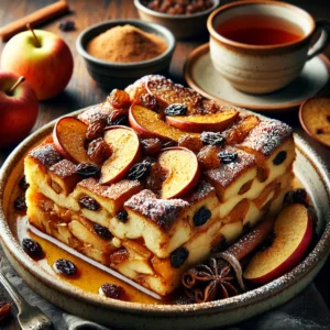 A beautifully plated dish of Apple Raisin Strata, featuring layers of soft bread, spiced apples, and plump raisins baked to golden perfection. The dish has a rich cinnamon aroma and is drizzled with a light maple glaze. Garnished with a dusting of powdered sugar and a few fresh apple slices, it is served in a rustic ceramic baking dish. Accompanied by a warm cup of tea, the dish rests on a wooden table with soft, cozy lighting enhancing the inviting and comforting presentation.
