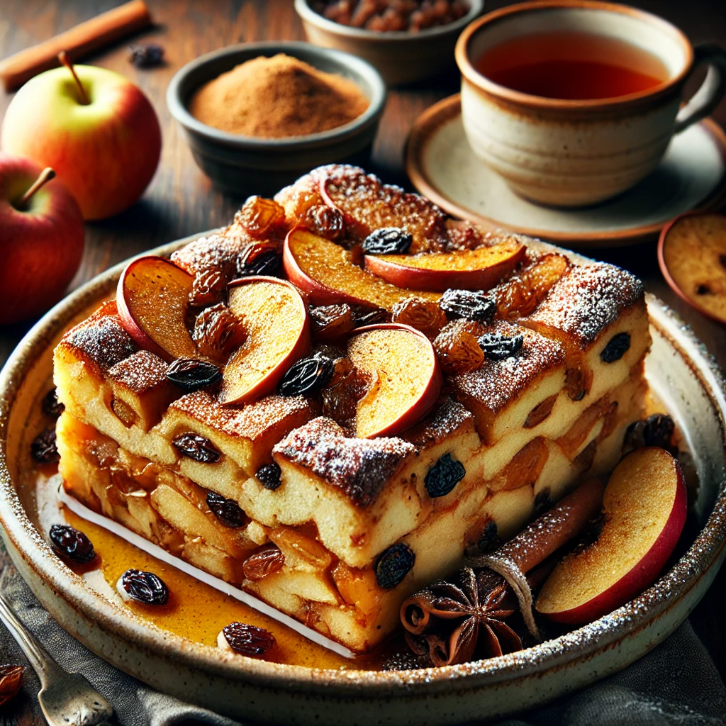 A beautifully plated dish of Apple Raisin Strata, featuring layers of soft bread, spiced apples, and plump raisins baked to golden perfection. The dish has a rich cinnamon aroma and is drizzled with a light maple glaze. Garnished with a dusting of powdered sugar and a few fresh apple slices, it is served in a rustic ceramic baking dish. Accompanied by a warm cup of tea, the dish rests on a wooden table with soft, cozy lighting enhancing the inviting and comforting presentation.