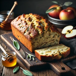 A freshly baked Apple Sage Quick Bread with a golden-brown crust and a moist, tender interior speckled with chunks of fresh apple and flecks of sage. The loaf has a rustic, artisanal appearance with a slightly cracked surface. It rests on a wooden cutting board atop a rustic wooden table, with a few slices cut to reveal its soft, herb-infused crumb. A small dish of honey, fresh apple slices, and sage leaves complete the cozy presentation. Warm, natural lighting enhances the inviting, homemade feel.
