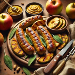 A plate featuring golden-brown Apple Sage Seitan Sausages, served with roasted apple slices and fresh sage leaves, accompanied by a bowl of mustard on a rustic wooden cutting board.
