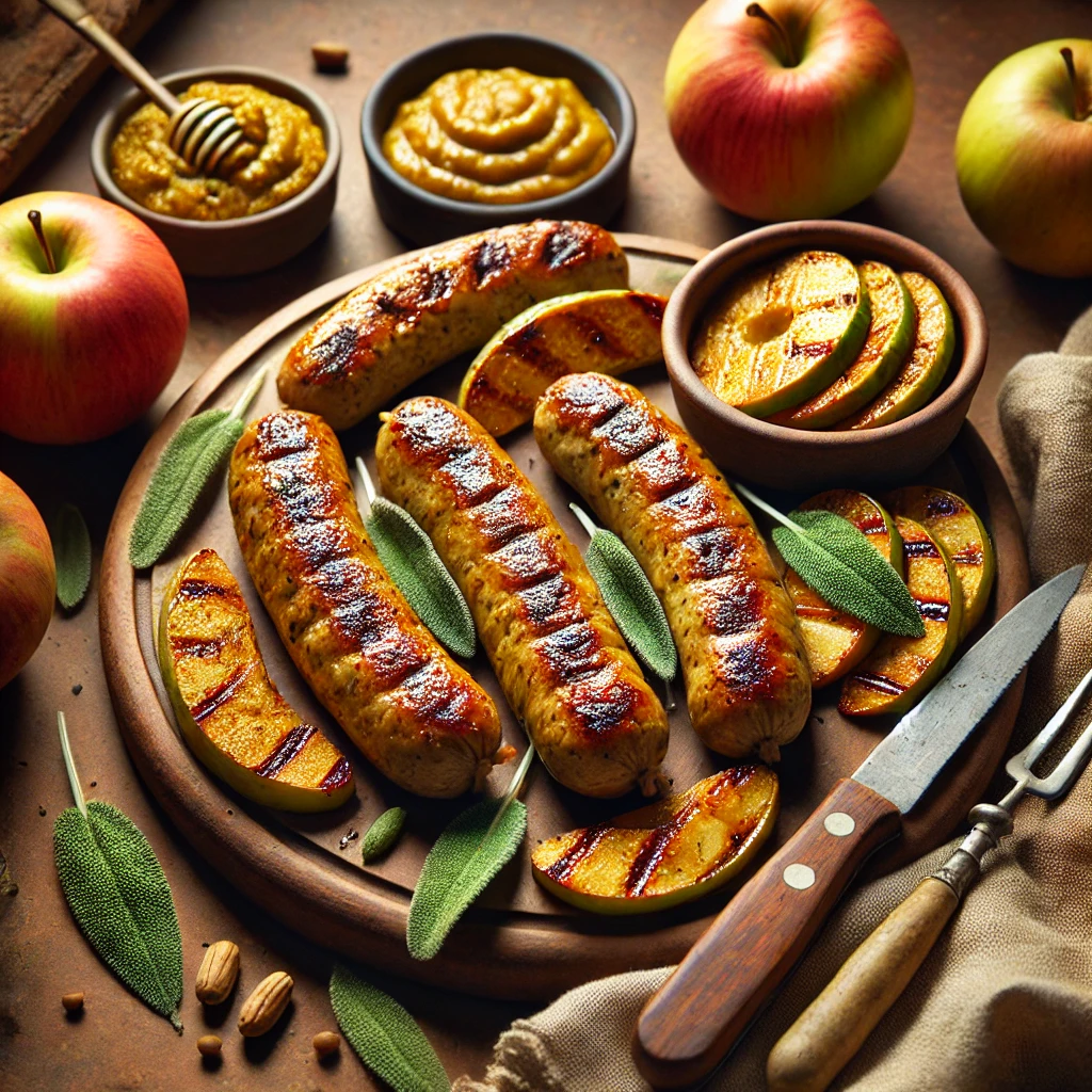 A plate featuring golden-brown Apple Sage Seitan Sausages, served with roasted apple slices and fresh sage leaves, accompanied by a bowl of mustard on a rustic wooden cutting board.