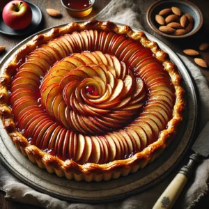A beautifully baked Apple and Almond Tart with a golden, flaky crust, topped with thinly sliced apples arranged in an elegant spiral pattern. The tart has a glossy redcurrant glaze, giving it a slightly caramelized sheen. It is served on an elegant ANTA serving plate, placed on a rustic wooden table with a linen napkin, a knife, and a small dish of almonds. Warm, natural lighting enhances the textures and inviting colors of the dessert.