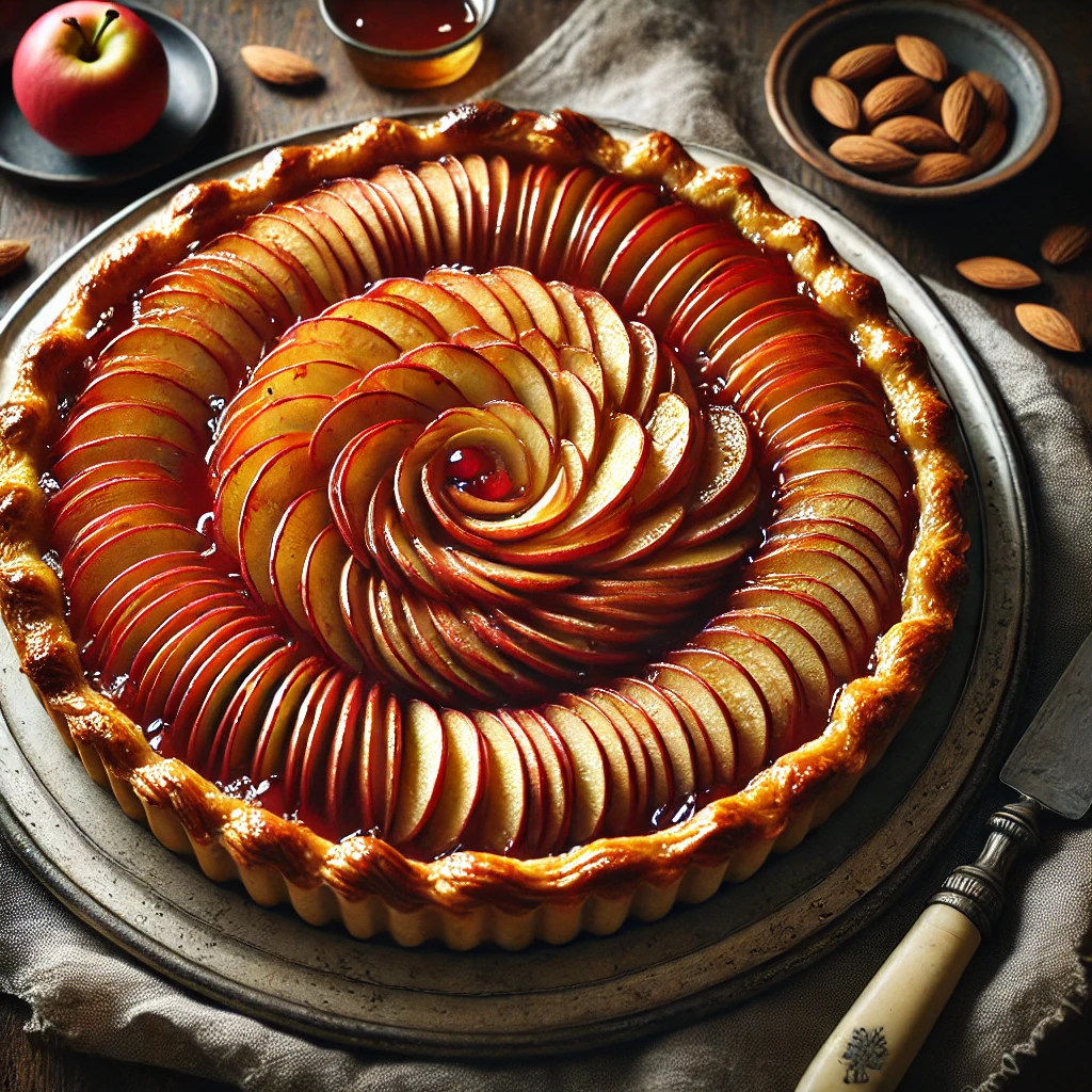 A beautifully baked Apple and Almond Tart with a golden, flaky crust, topped with thinly sliced apples arranged in an elegant spiral pattern. The tart has a glossy redcurrant glaze, giving it a slightly caramelized sheen. It is served on an elegant ANTA serving plate, placed on a rustic wooden table with a linen napkin, a knife, and a small dish of almonds. Warm, natural lighting enhances the textures and inviting colors of the dessert.