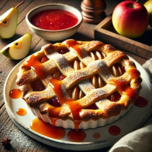 A beautifully plated Apple and Pear Pie with Fruit Sauce served on a rustic wooden table. The pie has a golden, flaky crust with a lattice top, revealing a warm, spiced apple and pear filling. Drizzled with a rich fruit sauce and garnished with a sprinkle of powdered sugar. Served on a white ceramic plate with a side of fresh apple and pear slices. The warm wooden table is more visible, providing a cozy and inviting setting.
