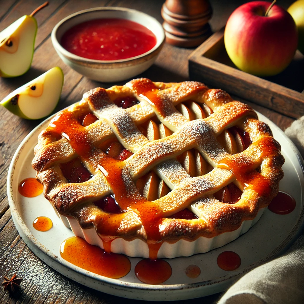 A beautifully plated Apple and Pear Pie with Fruit Sauce served on a rustic wooden table. The pie has a golden, flaky crust with a lattice top, revealing a warm, spiced apple and pear filling. Drizzled with a rich fruit sauce and garnished with a sprinkle of powdered sugar. Served on a white ceramic plate with a side of fresh apple and pear slices. The warm wooden table is more visible, providing a cozy and inviting setting.