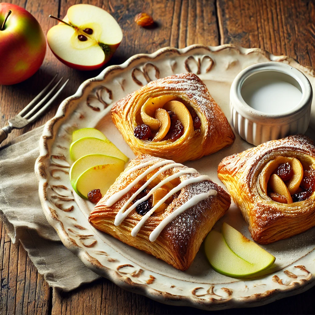 A beautifully plated dish of Apple and Sultana Danish Pastries served on a rustic wooden table. The pastries are golden-brown, flaky, and filled with a sweet apple and sultana mixture. Lightly dusted with powdered sugar and drizzled with a delicate icing glaze. Arranged on a white ceramic plate, accompanied by a side of fresh apple slices. The warm wooden table is more visible, providing a cozy and inviting setting.