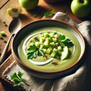A beautifully plated bowl of apple and celery soup, featuring a smooth, creamy texture with a light green hue. The bowl rests on a wooden table with a linen napkin, with soft, natural lighting highlighting the fresh and comforting presentation. The table setting is slightly more visible for a cozy dining atmosphere.