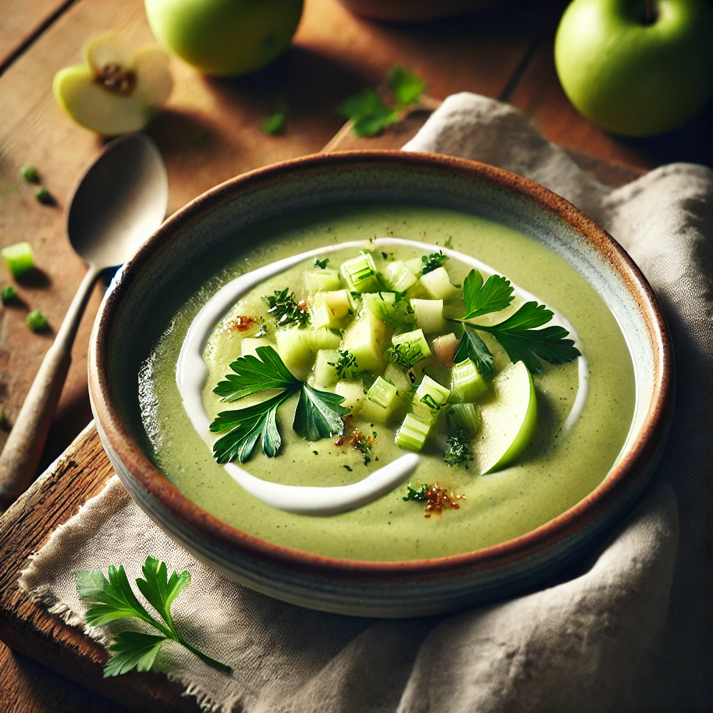 A beautifully plated bowl of apple and celery soup, featuring a smooth, creamy texture with a light green hue. The bowl rests on a wooden table with a linen napkin, with soft, natural lighting highlighting the fresh and comforting presentation. The table setting is slightly more visible for a cozy dining atmosphere.