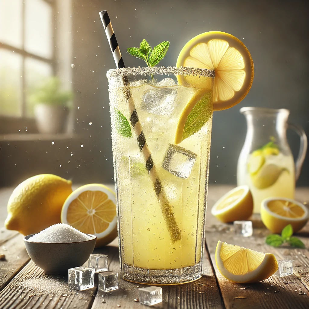 A tall frosted glass of golden-yellow lemonade sits on a rustic wooden table. The glass is garnished with a lemon wedge on the rim and a sprig of mint inside. A striped straw adds a playful touch, and condensation droplets glisten on the surface of the glass. Around the drink are fresh lemon slices, a small bowl of sugar, and scattered crushed ice. The softly blurred background and warm natural light create a cozy and inviting atmosphere.