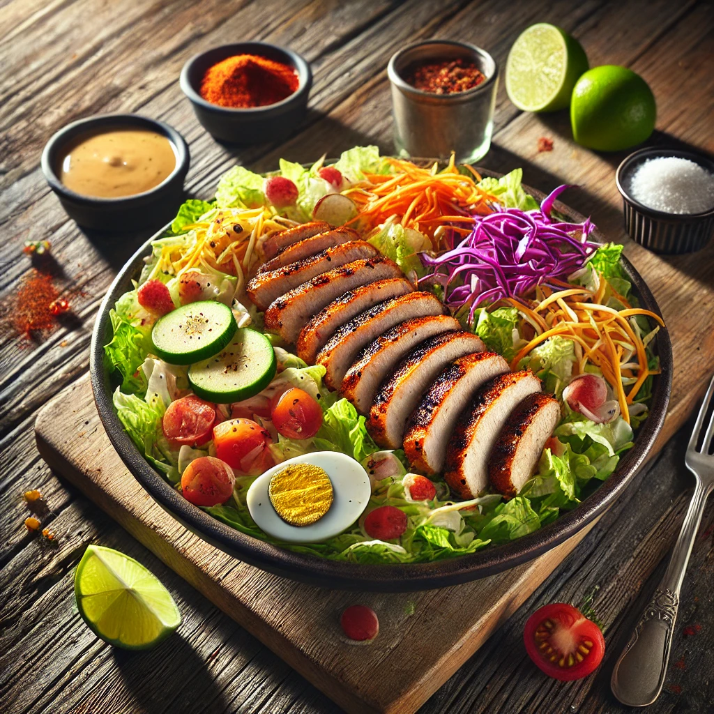 A shallow, wide bowl of Applebee's Low-Fat Blackened Chicken Salad on a rustic wooden table. The salad features a base of crisp iceberg lettuce, shredded red cabbage, and carrots, topped with perfectly charred blackened chicken slices. Garnishes include shredded mozzarella and cheddar cheese, diced tomatoes, and bits of hardboiled egg white. A small ramekin of creamy honey mustard dressing sits beside the bowl. The table is decorated with lime wedges, paprika, cayenne pepper, and a few cherry tomatoes. Bright natural light highlights the vibrant colors and textures.