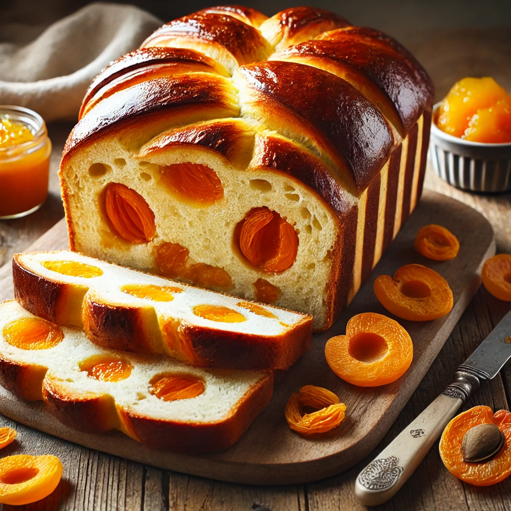 A freshly baked apricot brioche on a rustic wooden table, featuring a golden, glossy crust with a soft, fluffy interior filled with sweet apricot preserves. Some pieces are sliced open to reveal the rich, buttery layers with chunks of apricot. The loaf rests on a wooden cutting board, with scattered dried apricots, a butter knife, and a small dish of apricot jam nearby. Soft natural lighting enhances the warm, inviting tones.