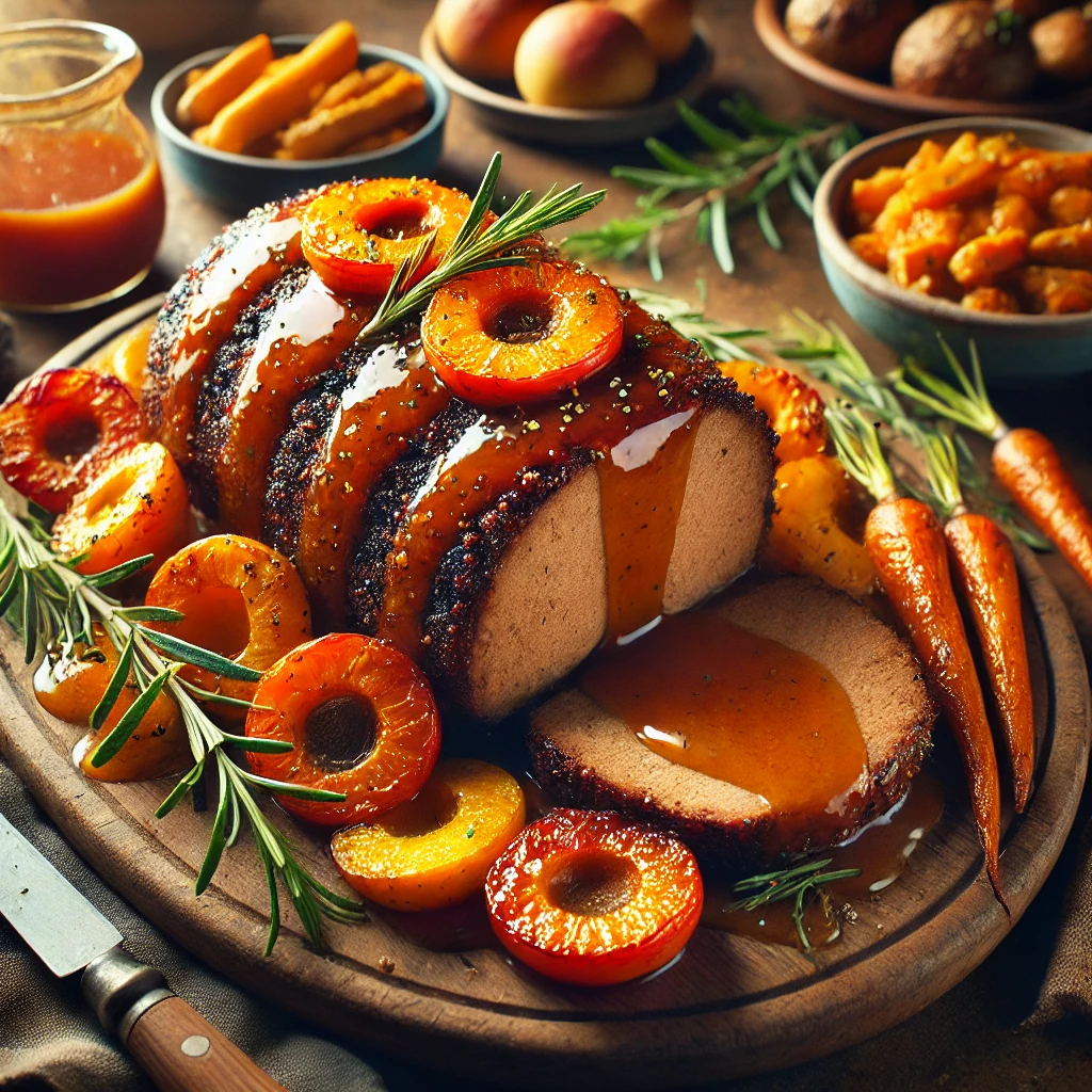 A golden Apricot-Glazed Vegan Roast on a wooden platter, garnished with rosemary and roasted apricot slices, surrounded by roasted carrots, parsnips, and potatoes, with a bowl of glaze and carving knife in the background.