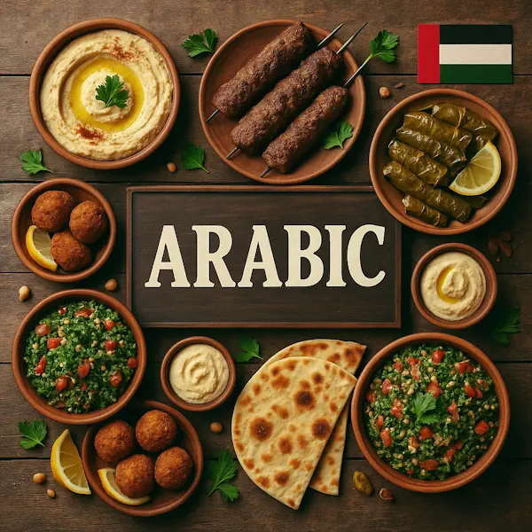 Top-down view of a rustic wooden table featuring a selection of traditional Arabic dishes arranged around a central sign labeled ARABIC, with the United Arab Emirates flag in the top right corner. Includes hummus, kebabs, stuffed grape leaves, falafel, tabbouleh, and flatbread, all served in wooden and ceramic bowls with warm, earthy tones.