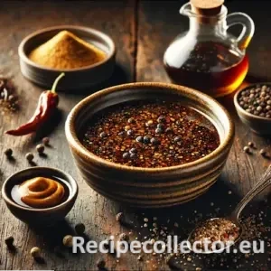 Photorealistic image of a rustic bowl filled with golden gaucho-style marinade, with visible mustard seeds and black pepper, surrounded by unlabelled ingredients on a dark wooden table with warm side lighting.