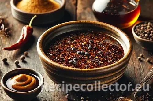 Photorealistic image of a rustic bowl filled with golden gaucho-style marinade, with visible mustard seeds and black pepper, surrounded by unlabelled ingredients on a dark wooden table with warm side lighting.
