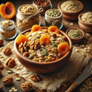 A rustic and inviting presentation of granola, featuring golden clusters of oats, quinoa, pumpkin seeds, walnuts, and coconut flakes. The granola is arranged in a wooden bowl with dried apricots and a spoon, placed on a cozy wooden table. The scene includes small jars of ingredients like maple syrup and pumpkin seeds, a parchment-lined baking tray in the background, and warm lighting to emphasize the fresh, homemade atmosphere.