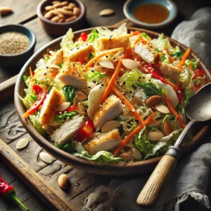 A bowl of Asian chicken salad with shredded chicken, Napa cabbage, julienned carrots, red bell peppers, and crunchy wonton strips, tossed in a sesame ginger dressing on a rustic wooden table. Garnished with sliced almonds and sesame seeds, with a serving spoon lifting a portion to showcase the vibrant ingredients. A cozy napkin and wooden plate enhance the warm, inviting atmosphere.