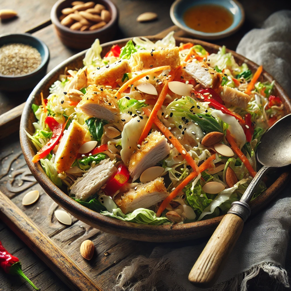 A bowl of Asian chicken salad with shredded chicken, Napa cabbage, julienned carrots, red bell peppers, and crunchy wonton strips, tossed in a sesame ginger dressing on a rustic wooden table. Garnished with sliced almonds and sesame seeds, with a serving spoon lifting a portion to showcase the vibrant ingredients. A cozy napkin and wooden plate enhance the warm, inviting atmosphere.