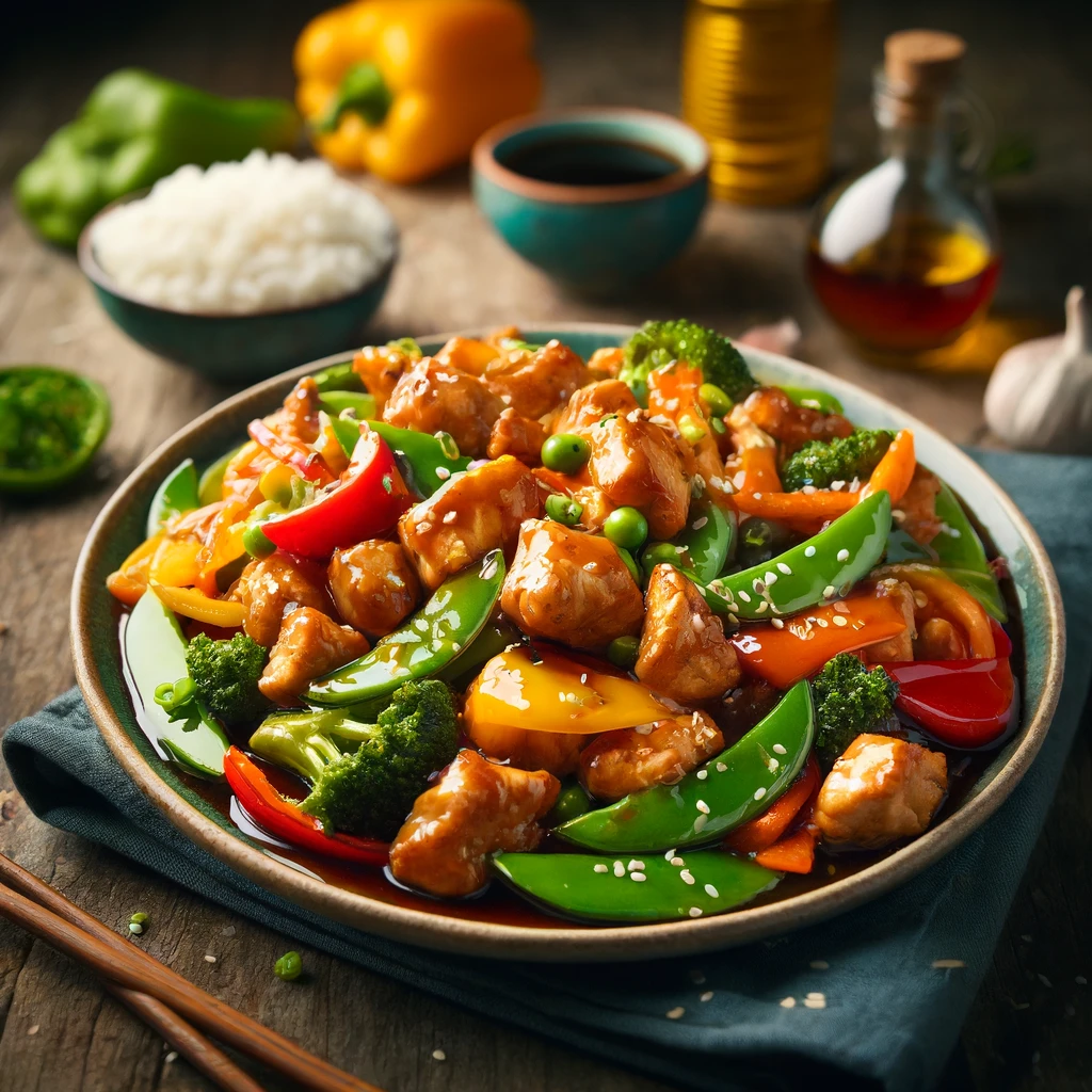 Tender bite-sized chicken stir-fried with colorful bell peppers, broccoli, and snap peas in a glossy, savory-sweet Asian sauce, garnished with sesame seeds and green onions.