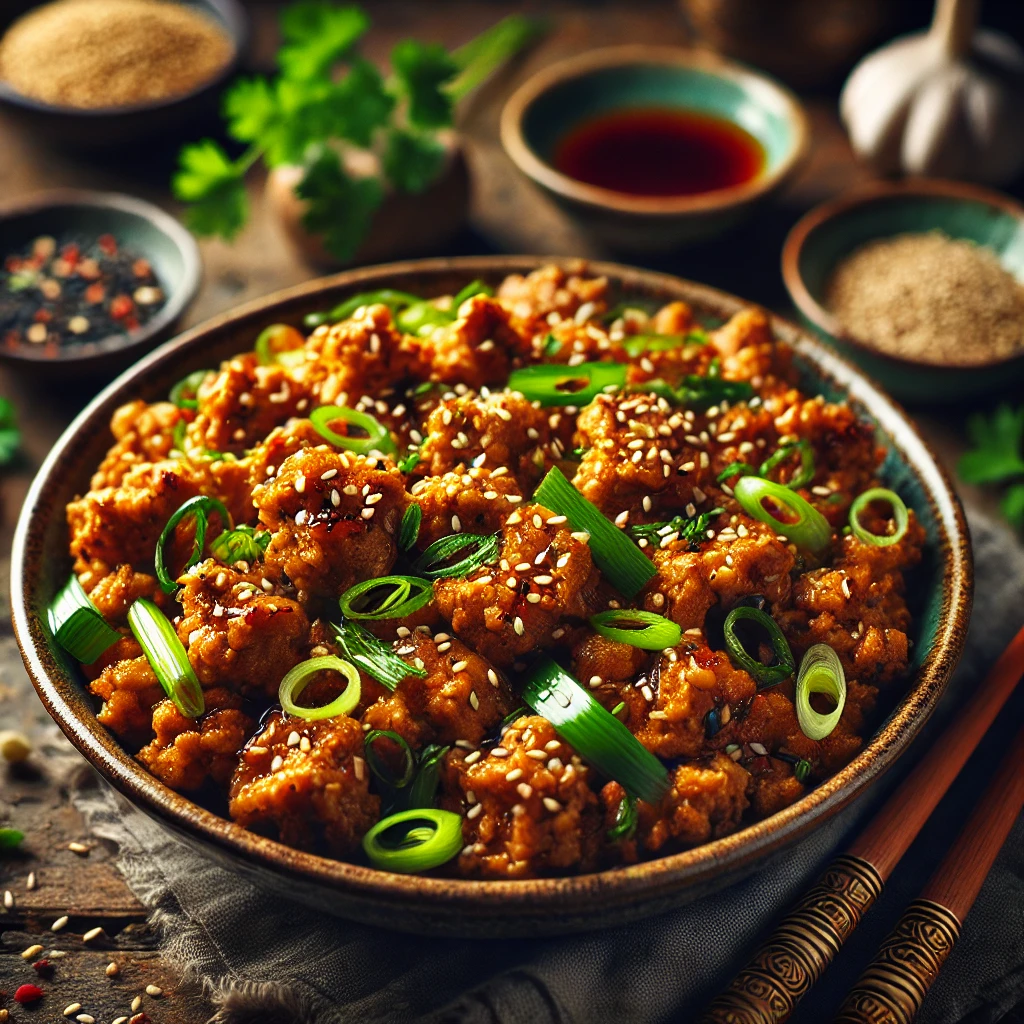 A bowl of Asian-Inspired Seitan Crumbles stir-fried with soy sauce, sesame oil, ginger, and garlic, garnished with green onions and sesame seeds, served with chopsticks and soy sauce on a rustic wooden table.