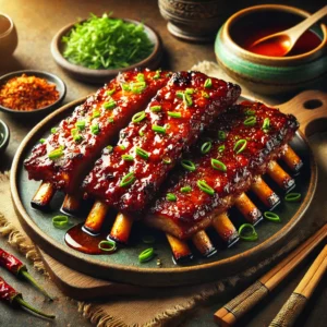 Golden-brown Asian sticky ribs with a glossy, caramelized glaze, garnished with finely chopped fresh chives. The ribs are served on a rustic ceramic platter with subtle Asian-inspired decor, including chopsticks and a small bowl of sweet chili sauce. Warm natural lighting highlights the rich textures and inviting appearance of the dish.