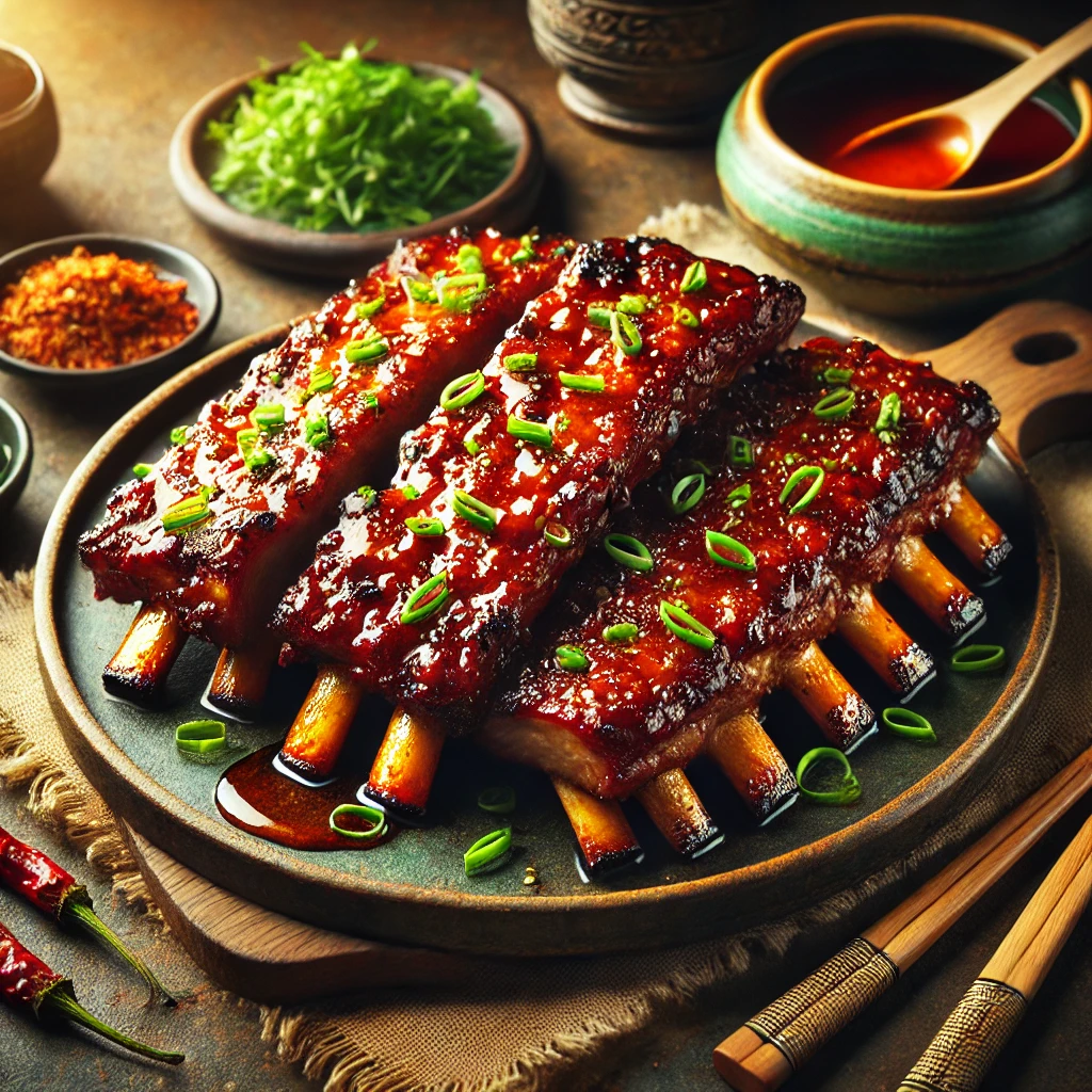 Golden-brown Asian sticky ribs with a glossy, caramelized glaze, garnished with finely chopped fresh chives. The ribs are served on a rustic ceramic platter with subtle Asian-inspired decor, including chopsticks and a small bowl of sweet chili sauce. Warm natural lighting highlights the rich textures and inviting appearance of the dish.