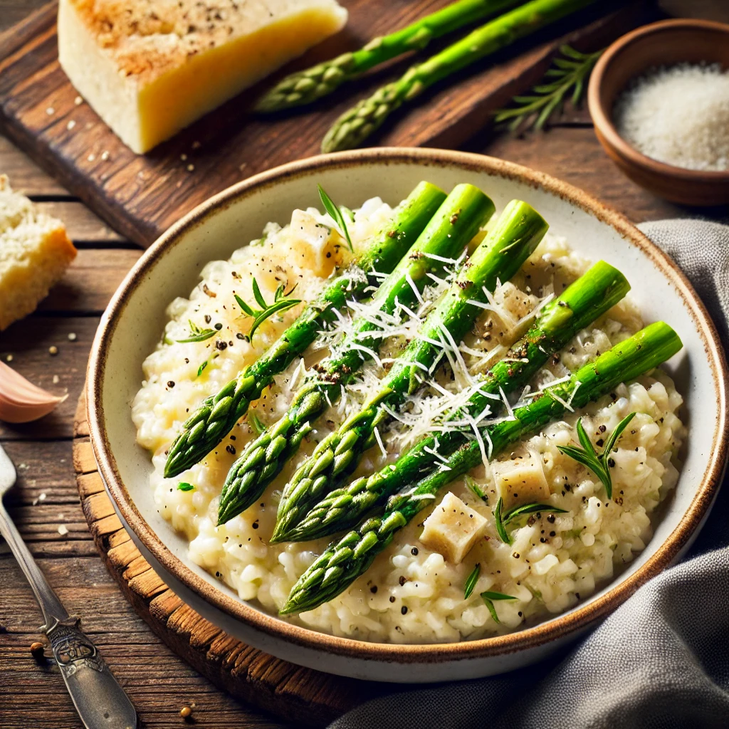 A beautifully plated dish of Asparagus and Parmesan Risotto served on a rustic wooden table. The dish features creamy, perfectly cooked risotto infused with tender asparagus spears, garlic, and rich Parmesan cheese. Garnished with freshly grated Parmesan and a sprinkle of black pepper. Served in a white ceramic bowl with a side of crusty bread. The warm wooden table is more visible, providing a cozy and inviting setting.