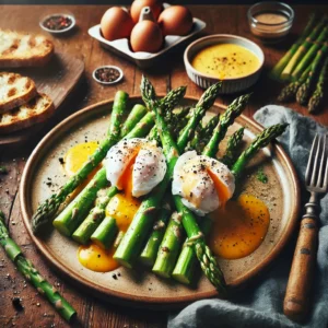 Tender asparagus spears topped with perfectly poached eggs, garnished with black pepper, Parmesan cheese, and hollandaise sauce, served with toasted sourdough.