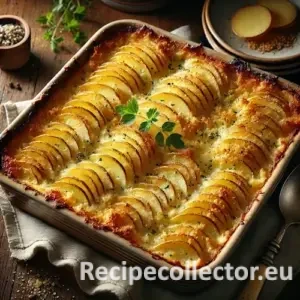 A rustic kitchen table with a square dish of golden-brown vegan Au Gratin Potatoes, topped with breadcrumbs and herbs, surrounded by a napkin and serving spoon.