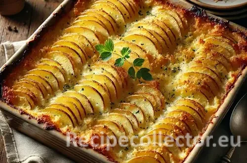 A rustic kitchen table with a square dish of golden-brown vegan Au Gratin Potatoes, topped with breadcrumbs and herbs, surrounded by a napkin and serving spoon.