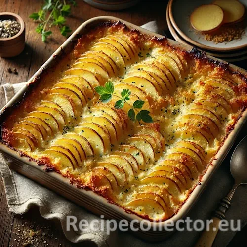 A rustic kitchen table with a square dish of golden-brown vegan Au Gratin Potatoes, topped with breadcrumbs and herbs, surrounded by a napkin and serving spoon.