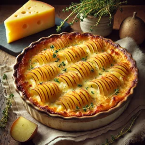 A baking dish of Au Gratin Potatoes with golden, bubbly cheese crust, garnished with fresh thyme, served on a rustic wooden table with Gruyère cheese and thyme in the background.