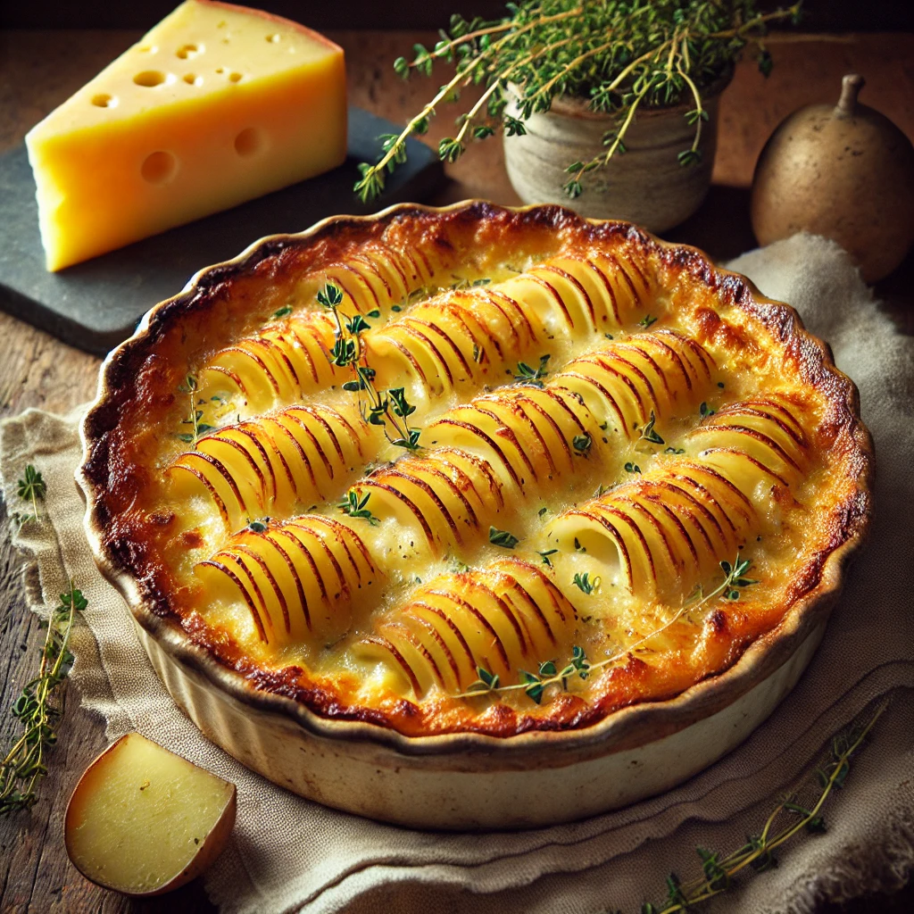 A baking dish of Au Gratin Potatoes with golden, bubbly cheese crust, garnished with fresh thyme, served on a rustic wooden table with Gruyère cheese and thyme in the background.