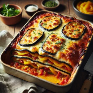A beautifully baked Aubergine Moussaka with a golden, bubbling Parmesan crust. The dish reveals layers of tender aubergine, rich homemade tomato passata, and sautéed yellow peppers, infused with the umami flavor of anchovies. The creamy béchamel topping is slightly crisp and golden. The moussaka is served in a rustic baking dish on a wooden table, accompanied by fresh herbs and a linen napkin. Warm, natural lighting highlights the inviting textures and colors.
