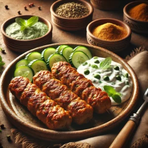 An authentic presentation of Dum Kebab, featuring golden and slightly charred kebabs served on a rustic ceramic plate. The dish is accompanied by a creamy cucumber raita, garnished with fresh mint and diced cucumbers. The setup includes a warm wooden table, soft natural lighting, and small bowls of spices to enhance the inviting and aromatic appeal of the meal.