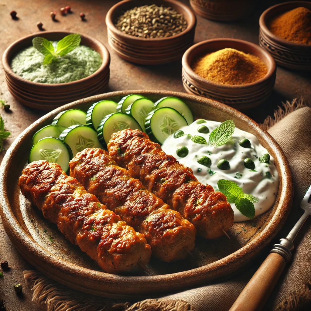 An authentic presentation of Dum Kebab, featuring golden and slightly charred kebabs served on a rustic ceramic plate. The dish is accompanied by a creamy cucumber raita, garnished with fresh mint and diced cucumbers. The setup includes a warm wooden table, soft natural lighting, and small bowls of spices to enhance the inviting and aromatic appeal of the meal.