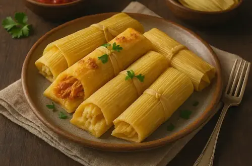 A rustic ceramic plate with traditional corn-husk wrapped tamales, one slightly opened to show tender shredded filling. Garnished with cilantro and accompanied by a bowl of salsa, set on a dark wooden table with warm natural lighting for a real-life, cozy presentation.