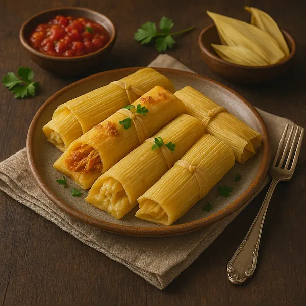 A rustic ceramic plate with traditional corn-husk wrapped tamales, one slightly opened to show tender shredded filling. Garnished with cilantro and accompanied by a bowl of salsa, set on a dark wooden table with warm natural lighting for a real-life, cozy presentation.
