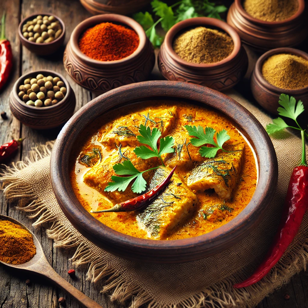 A traditional Indian Fish Curry served in a clay bowl, featuring a creamy coconut-based curry with fish pieces, garnished with fresh coriander leaves and red chili. The setting includes a wooden table with small spice bowls containing fenugreek seeds, coriander powder, and curry paste, creating a warm and inviting atmosphere.