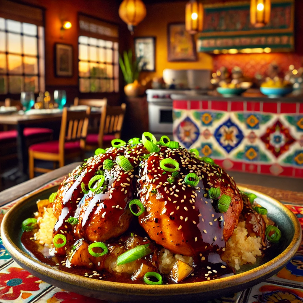 Traditional chicken teriyaki with teriyaki glaze, sesame seeds, and green onions, served on a colorful Mexican-inspired plate.