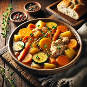 A beautifully plated dish of Autumn Chicken Stew served on a rustic wooden table. The dish features tender chunks of chicken simmered in a rich, hearty broth with seasonal vegetables like butternut squash, carrots, potatoes, and onions. The stew is garnished with fresh thyme and served in a rustic ceramic bowl. A side of crusty bread is placed nearby for dipping. The warm wooden table and softly blurred background enhance the inviting and cozy autumn-inspired presentation.