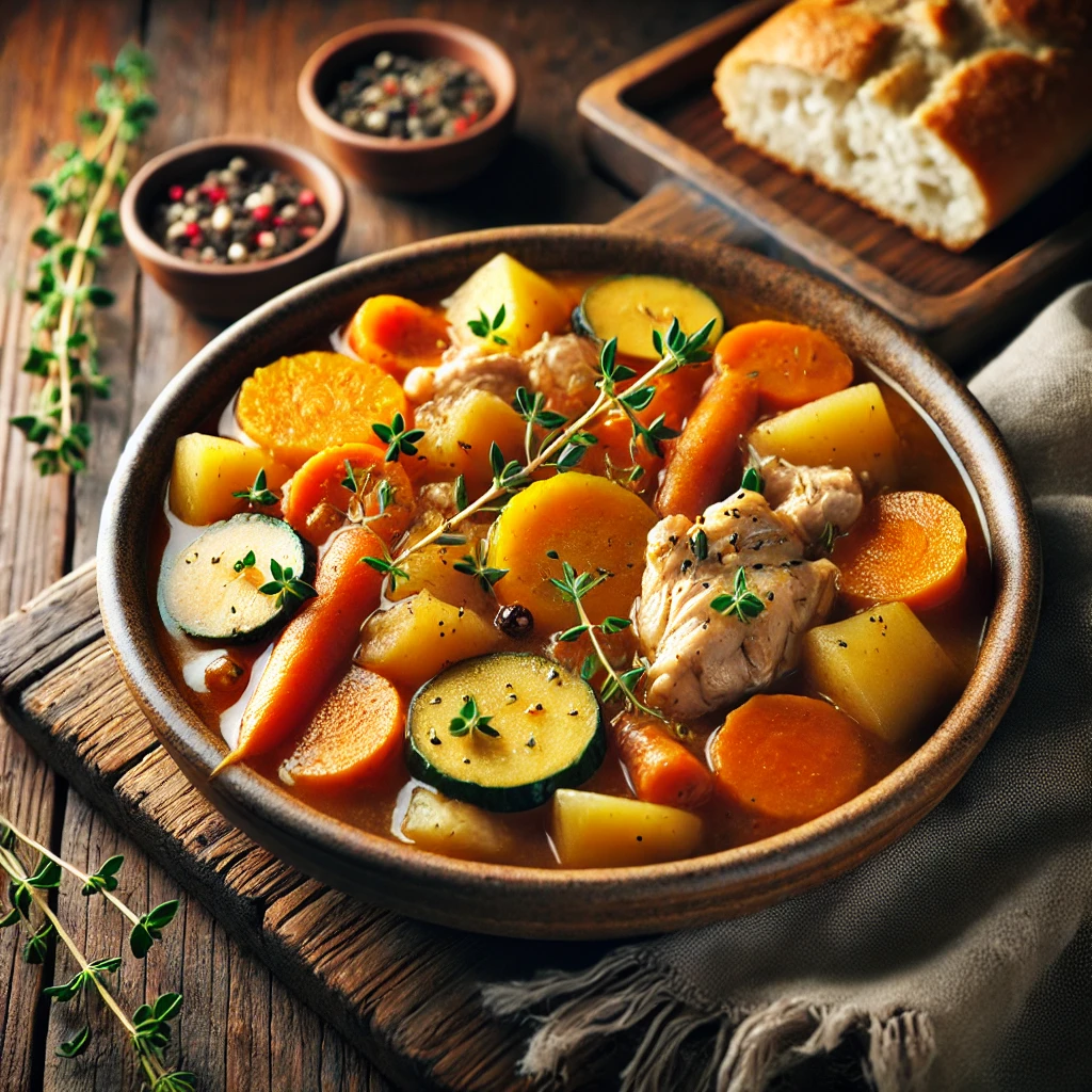 A beautifully plated dish of Autumn Chicken Stew served on a rustic wooden table. The dish features tender chunks of chicken simmered in a rich, hearty broth with seasonal vegetables like butternut squash, carrots, potatoes, and onions. The stew is garnished with fresh thyme and served in a rustic ceramic bowl. A side of crusty bread is placed nearby for dipping. The warm wooden table and softly blurred background enhance the inviting and cozy autumn-inspired presentation.