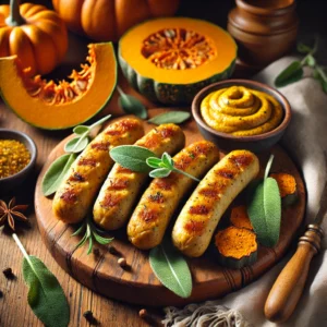 Golden-brown Pumpkin Seitan Fauxsages infused with autumn spices, served on a wooden board with roasted pumpkin slices, fresh sage leaves, and a bowl of spiced mustard nearby.