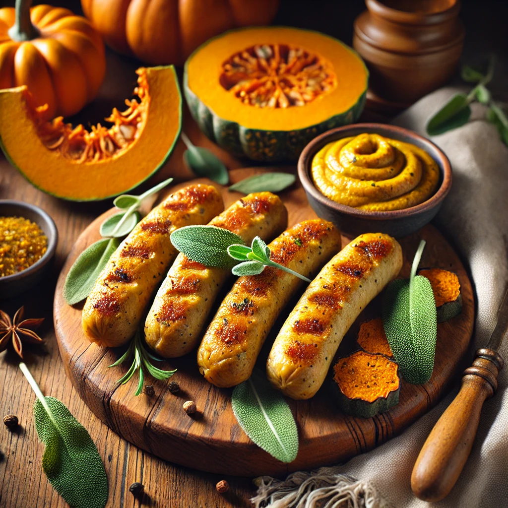 Golden-brown Pumpkin Seitan Fauxsages infused with autumn spices, served on a wooden board with roasted pumpkin slices, fresh sage leaves, and a bowl of spiced mustard nearby.