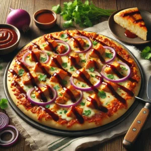 A BBQ chicken pizza with a thin, golden crust is topped with a spicy-sweet BBQ sauce, melted smoked Gouda and mozzarella cheese, cubed BBQ chicken, and thinly sliced red onions. Freshly chopped cilantro is sprinkled over the pizza. Nearby are fresh ingredients, including a small bowl of BBQ sauce, a wedge of smoked Gouda, and sprigs of cilantro, arranged on a rustic wooden table.