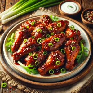 A beautifully plated dish of BBQ Chicken Wings served on a rustic wooden table. The dish features crispy, golden-brown chicken wings coated in a rich, smoky barbecue sauce. Garnished with freshly chopped green onions and a sprinkle of sesame seeds. Served in a white ceramic dish with a side of cooling ranch or blue cheese dipping sauce. The warm wooden table is more visible, providing a cozy and inviting setting.