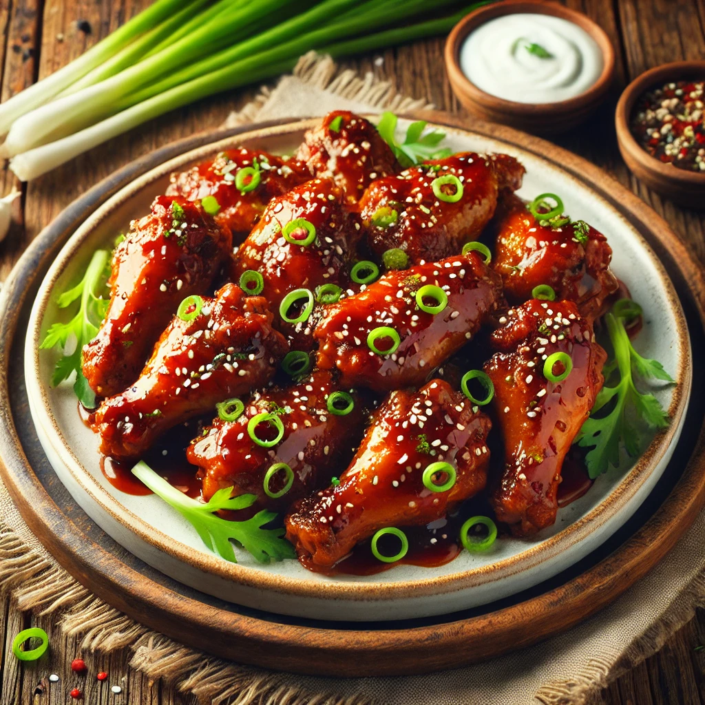 A beautifully plated dish of BBQ Chicken Wings served on a rustic wooden table. The dish features crispy, golden-brown chicken wings coated in a rich, smoky barbecue sauce. Garnished with freshly chopped green onions and a sprinkle of sesame seeds. Served in a white ceramic dish with a side of cooling ranch or blue cheese dipping sauce. The warm wooden table is more visible, providing a cozy and inviting setting.